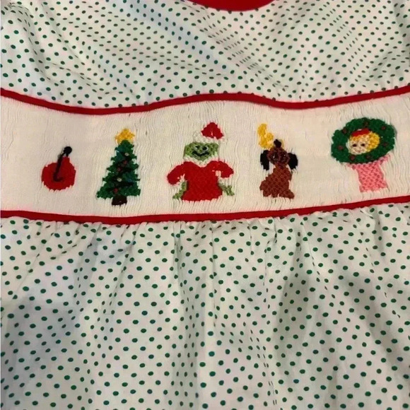 Girls Sweet La Rose Christmas Grinch Polka Dot Ruffle Smock Pants Set Sz 5 - Picture 2 of 11